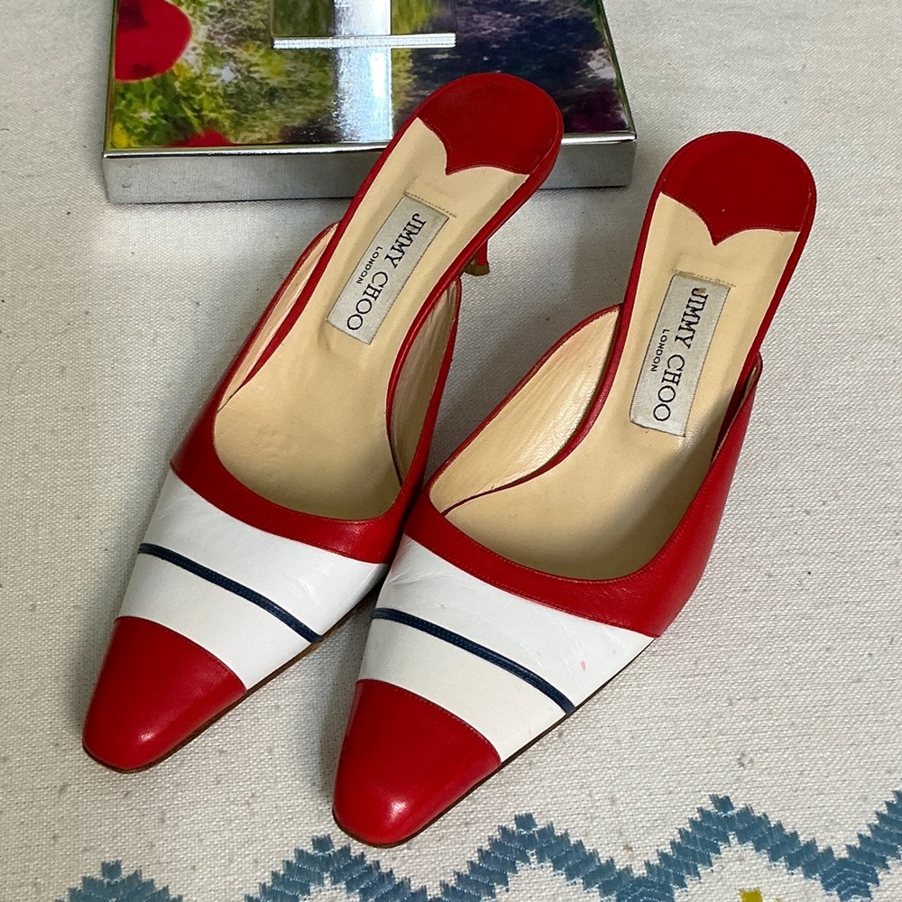 Jimmy Choo Red, White and Navy Leather Slingback Mules. #1312